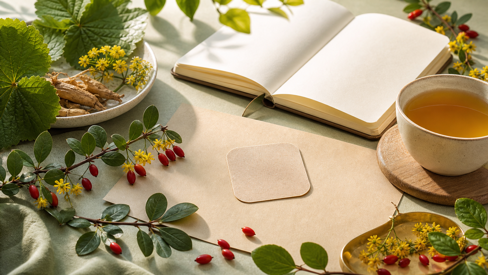 Botanical berberine patch buyer guide illustration with natural green and gold tones