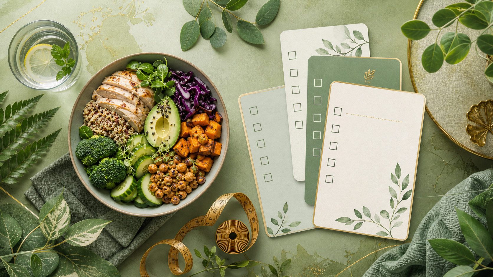 Supplement safety checklist illustration with balanced meal and botanical accents